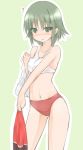  1girl atsuko beigu blush bra breasts buruma green_eyes green_hair gym_uniform minami-ke navel no_nose short_hair solo towel underwear undressing 