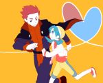  1boy 1girl bare_legs bike_shorts blue_hair crystal_(pokemon) hat mmm73 orange_background pokemon pokemon_(game) pokemon_gsc redhead running wataru_(pokemon) 