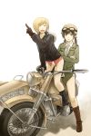  :d ^_^ bai_lao_shu blonde_hair boots brown_eyes brown_hair closed_eyes crossed_arms erica_hartmann gertrud_barkhorn gloves goggles helmet highres jacket low_twintails military military_uniform motor_vehicle motorcycle pointing strike_witches twintails uniform vehicle 