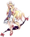  1girl animal_ears blue_eyes dress fox_ears gap hair_ribbon hat hat_ribbon leg_ribbon long_hair looking_at_viewer red_shoes ribbon shoes sleeveless sleeveless_dress smile solo tabard touhou tress_ribbon very_long_hair white_dress wink yakumo_ran yakumo_ran_(cosplay) yakumo_yukari yin_yang yumesato_makura 