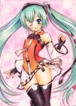  1girl blue_eyes detached_sleeves fingerless_gloves gloves green_hair hatsune_miku long_hair marker_(medium) my_(mylilla811) open_mouth pastel_(medium) skirt solo thigh-highs traditional_media twintails very_long_hair vocaloid wink 
