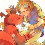  1boy artist_name backpack bag blush bread brown_hair claws closed_eyes dated digimon digimon_tamers digivice english food goggles goggles_on_head guilmon highres hoodie matsuda_takato monster red_eyes rw_(567173350) sharp_teeth short_hair tears wristband 