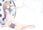 1girl android babydoll barefoot black_eyes blonde_hair gears kagamine_rin mayumelo outstretched_arm short_hair sitting solo underwear underwear_only vocaloid 