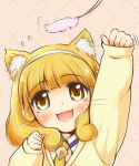  1girl animal_ears arakawa_tarou blonde_hair blush cat_ears hairband kise_yayoi long_hair necktie open_mouth precure school_uniform simple_background smile smile_precure! solo yellow_eyes 