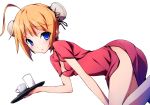  1girl absurdres ahoge blue_eyes breasts bun_cover china_dress chinese_clothes cleavage cleavage_cutout double_bun dutch_angle highres kikuchi_seiji konoe_subaru leaning_forward mayo_chiki! no_panties open_mouth orange_hair scan short_hair simple_background solo tears tray white_background 
