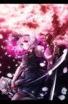  1girl aqua_eyes awa_toka cherry_blossoms dual_wielding flower hair_ribbon katana konpaku_youmu konpaku_youmu_(ghost) letterboxed looking_at_viewer petals puffy_sleeves ribbon sheath shirt short_hair short_sleeves silver_hair skirt skirt_set solo sword touhou tree vest weapon 