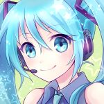  1girl aqua_eyes aqua_hair bust face hatsune_miku headset lowres necktie rie_(ooorie) smile solo star twintails vocaloid 