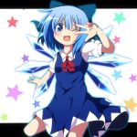  1girl blue_dress blue_eyes blue_hair blush bow chuunibyou_demo_koi_ga_shitai! cirno do_(4-rt) dress hair_bow ice ice_wings letterboxed looking_at_viewer open_mouth posing puffy_sleeves shirt short_sleeves smile solo star touhou wings wink 