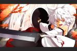  1girl detached_sleeves inubashiri_momiji kokutei_n letterboxed open_mouth red_eyes shield silver_hair solo sword touhou weapon wolf_ears 