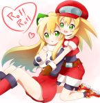  2girls blonde_hair blush blush_stickers female gloves green_eyes hair_ribbon hat highres multiple_girls mushuu open_mouth ribbon rockman rockman_(classic) rockman_dash roll roll_caskett smile white_background 