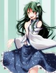  1girl blush breasts detached_sleeves frog_hair_ornament green_eyes green_hair hair_ornament hair_tubes highres kochiya_sanae long_hair open_mouth s-syogo smile snake_hair_ornament solo touhou 