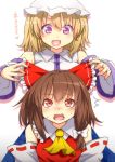  /\/\/\ 2girls ascot blonde_hair blush bow braid brown_eyes brown_hair detached_sleeves fang hair_bow hair_ribbon hakurei_reimu hakurei_reimu_(cosplay) hat kochiya_sanae kochiya_sanae_(cosplay) long_sleeves maribel_hearn multiple_girls open_mouth ribbon smile surprised tori_(minamopa) touhou tying_hair usami_renko violet_eyes wide_sleeves 