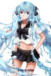  1girl aqua_eyes blue_eyes bottle_miku character_name fish hair_ribbon hand_on_hip hatsune_miku highres lightofheaven liquid_hair long_hair midriff navel ribbon school_uniform serafuku skirt smile solo twintails vocaloid water white_background 