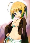  1girl :o absurdres bikini blazer blue_eyes breasts hand_on_hip highres huge_filesize kikuchi_seiji konoe_subaru mayo_chiki! navel off_shoulder open_mouth orange_hair ponytail sarong scan short_hair solo swimsuit white_bikini 