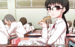  black_hair braid brown_eyes classroom glasses highres masamaru7 school_uniform 