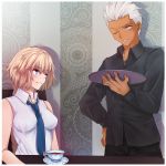  1boy 1girl archer blonde_hair braid breasts casual cup dark_skin fate/apocrypha fate/stay_night fate_(series) grey_eyes long_hair necktie ruler_(fate/apocrypha) shirt single_braid sleeveless teacup tray tusia violet_eyes waiter white_hair wink 