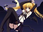  1girl armpits arms_up bat blonde_hair crescent_moon demon_tail looking_at_viewer moon smile solo tail thigh-highs twintails vfenster wings 