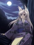 1girl animal_ears fox_ears full_moon japanese_clothes kimono long_hair moon night outdoors sitting solo vfenster 