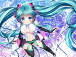  1girl anklet aqua_eyes aqua_hair asazuki_kanai bridal_gauntlets center_opening hatsune_miku headphones highres jewelry long_hair looking_at_viewer miku_append nail_polish navel necktie smile solo thigh-highs twintails very_long_hair vocaloid vocaloid_append 