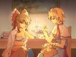  2girls alice_margatroid blonde_hair book brown_hair candle chair chin_rest hakurei_reimu indoors kaoru_(alicemakoto) multiple_girls needle open_clothes picture_(object) sarashi sewing short_hair sitting table thread touhou 