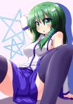  1girl black_legwear blush breasts detached_sleeves frog_hair_ornament green_eyes green_hair hair_ornament kochiya_sanae long_hair open_mouth pentagram sitting skirt snake_hair_ornament solo thigh-highs touhou 