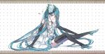  1girl aqua_eyes aqua_hair dress elbow_gloves gloves hatsune_miku jewelry long_hair necklace sitting solo thigh-highs twintails very_long_hair vocaloid witchonly 