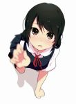  1girl all_fours black_hair blurry blush brown_eyes depth_of_field looking_at_viewer ogipote open_mouth original outstretched_arm outstretched_hand school_uniform shirt simple_background skirt skirt_set solo vest white_background 