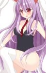  1girl animal_ears breasts chimunge highres leotard long_hair necktie open_mouth purple_hair rabbit_ears red_eyes reisen_udongein_inaba smile solo thigh-highs touhou very_long_hair white_legwear 