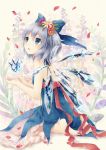  1girl adapted_costume bare_back barefoot blue_dress blue_eyes blue_hair bow cirno dress floral_background flower hair_bow heart ice ice_wings nunucco open_mouth petals short_hair sitting solo touhou wariza wings 