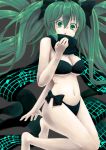  1girl bikini green_eyes green_hair hatsune_miku kneeling long_hair musical_note navel nonaka_hako scarf solo swimsuit vocaloid 