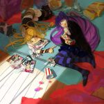  2girls blonde_hair buckle casual freer full_body gothic_lolita green_eyes grin lolita_fashion long_hair lying magazine multicolored_hair multiple_girls panty_&amp;_stocking_with_garterbelt panty_(psg) purple_hair smile stocking_(psg) striped striped_legwear thigh-highs two-tone_hair 