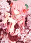  1girl animal_ears cat_ears cat_tail cherry cherry_blossoms detached_sleeves food fruit hatsune_miku highres long_hair necktie paw_pose pink_eyes pink_hair sakura_miku skirt solo tail thigh-highs twintails very_long_hair vocaloid 