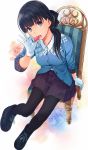  1girl amagami ayatsuji_tsukasa black_eyes black_hair black_legwear blue_rose chair eating flower food gloves hair_ribbon highres long_hair macaron open_mouth pantyhose ponytail red_rose ribbon rose santa_(sunflower) shoes sitting skirt sleeves_pushed_up solo teeth white_gloves 