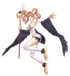  1girl bare_shoulders black_wings breasts choker claws dress duel_monster harpie_channeler harpy long_hair midriff monster_girl navel orange_eyes orange_hair pointy_ears simple_background skindentition smile solo staff strapless_dress talons thigh-highs tsukikanade twintails white_background white_legwear wings yuu-gi-ou yuu-gi-ou_duel_monsters 