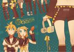  1boy 1girl aqua_eyes ass blonde_hair blush boots brother_and_sister chicken_(food) cover crossed_arms detached_sleeves food formalin hair_ornament hair_ribbon hairclip headphones headset kagamine_len kagamine_rin leg_warmers legs looking_up midriff navel necktie ribbon sailor_collar short_hair short_shorts shorts siblings skirt striped striped_legwear thigh-highs twins vocaloid 