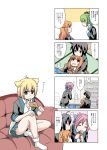  amatsuka_mao amatsuka_megumi_(gj-bu) cardigan comic food gj-bu green_eyes green_hair hair_ornament highres kannazuki_tamaki kirara_bernstein long_hair long_sleeves meat nana-ine pink_hair school_uniform shinomiya_kyouya short_hair translation_request twintails 