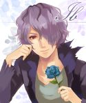  1boy blue_rose flower garry_(ib) hair_over_one_eye hidaka_(azurite) ib purple_hair rose solo 