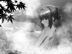  1girl bare_shoulders blush idolmaster idolmaster_cinderella_girls looking_at_viewer looking_back mole monochrome nude onsen short_hair smile solo steam takagaki_kaede tkhs water wet 