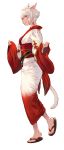  1girl animal_ears blue_eyes cat_ears cat_tail closed_mouth facial_mark final_fantasy final_fantasy_xiv full_body highres japanese_clothes kimono lips long_sleeves looking_at_viewer makimura_shunsuke miqo&#039;te obi sandals sash short_hair simple_background slit_pupils smile solo standing tail tattoo white_background white_hair y&#039;shtola_rhul yukata 