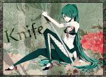  1girl arm_support green_eyes green_hair hair_over_one_eye hatsune_miku high_heels katana knife_(vocaloid) laika long_hair midriff navel ponytail sarashi shoes sitting solo sword title_drop very_long_hair vocaloid weapon zoom_layer 