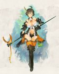  ahoge armor bikini_armor bird breasts brown_hair cleavage feathers gloves greaves green_eyes highres large_breasts navel pixiv_fantasia pixiv_fantasia_new_world short_hair staff thigh-highs zhuzi 