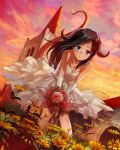  1girl absurdres bee_(the-bee8607) black_hair blue_eyes bouquet breasts cleavage dress flower highres horns leaning_forward long_hair original sky solo sunset tail wedding_dress white_dress 