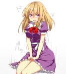  1girl blonde_hair blush bow breasts dress embarrassed large_breasts long_hair looking_at_viewer maribel_hearn open_mouth puffy_sleeves purple_dress sash short_sleeves sitting solo surprised sweat tori_(minamopa) touhou v_arms violet_eyes 