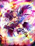  1girl black_wings bow breasts cleavage collarbone crown drill_hair eyes gloves hair_ornament hair_ribbon highres horn horns idolmaster idolmaster_cinderella_girls kanzaki_ranko kara_(color) long_hair mini_crown mound_of_venus open_mouth panties pink_eyes purple_hair ribbon scythe silver_hair solo twintails underwear wings 