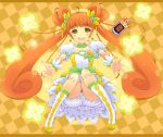  1girl bloomers boots brown_hair checkered checkered_background clubs cure_rosetta curly_hair dokidoki!_precure double_bun earrings flower hair_flower hair_ornament hair_ribbon jewelry kannagi_kaname long_hair magical_girl orange_background outstretched_arms precure puffy_sleeves ribbon sitting skirt smile solo spread_arms twintails underwear wrist_cuffs yellow_eyes yotsuba_alice 