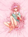  barefoot bed bloomers hairband heart komeiji_satori lying ma_nyan_(nyao_mao_nyao) pink_eyes pink_hair short_hair smile third_eye touhou underwear 