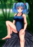  1girl blue_eyes blue_hair forest hair_bobbles hair_ornament highres kawashiro_nitori nature no_hat no_headwear one-piece_swimsuit rock short_hair smile solo swimsuit touhou tree twintails 