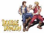  2boys 80s angry armband billy_lee blonde_hair boots brothers brown_hair double_dragon duel highres jimmy_lee logo manly martial_arts mullet multiple_boys muscle official_art oldschool promotional_art siblings spiky_hair training vest video_game 