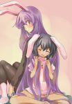  2girls ^_^ animal_ears carrot closed_eyes dress inaba_tewi jewelry lavender_hair long_hair multiple_girls necklace open_mouth panties pantyshot pantyshot_(sitting) pink_dress pink_panties rabbit_ears red_eyes reisen_udongein_inaba short_hair sitting smile touhou underwear very_long_hair yohane 