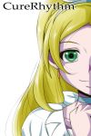  1girl blonde_hair bloom character_name choker cure_rhythm earrings green_eyes hairband highres jewelry long_hair magical_girl minamino_kanade nishi_koutarou out_of_frame precure smile solo suite_precure white_background 